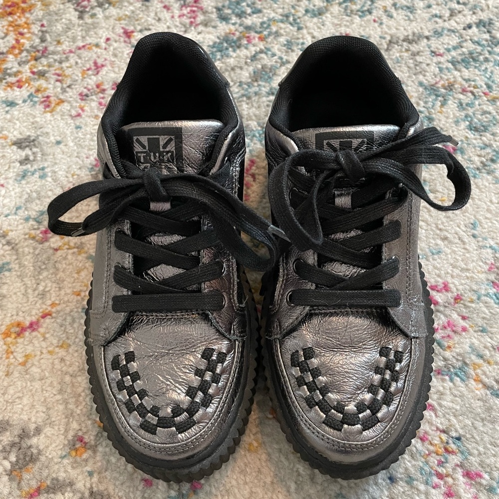 T.U.K. Black Leather Platform Sneakers Sz 7